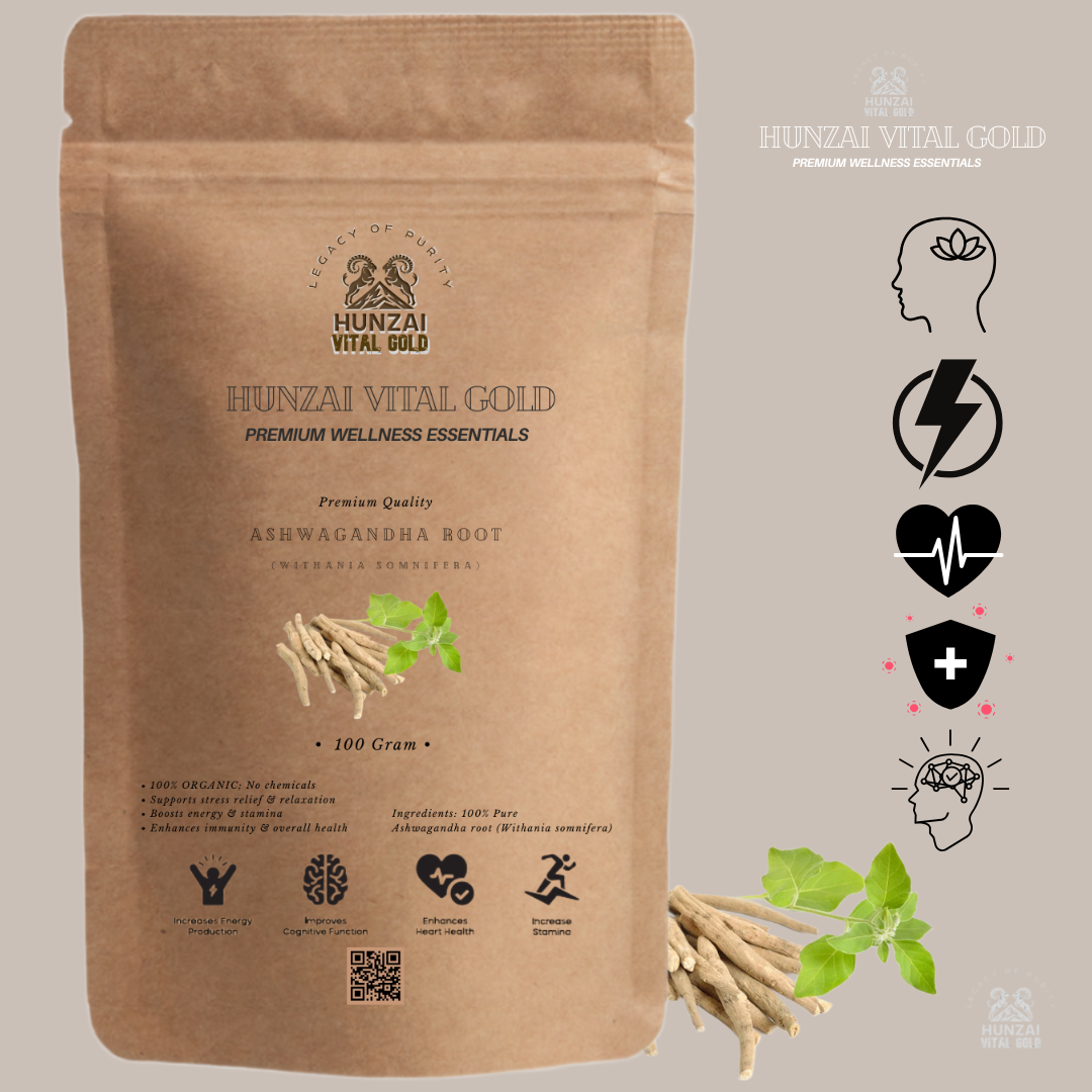 Hunzai Vital Gold – Premium Organic Ashwagandha Root (Withania Somnifera) |  Organic Tea l| Plant-Based Wellness II 100% Chemical-Free II