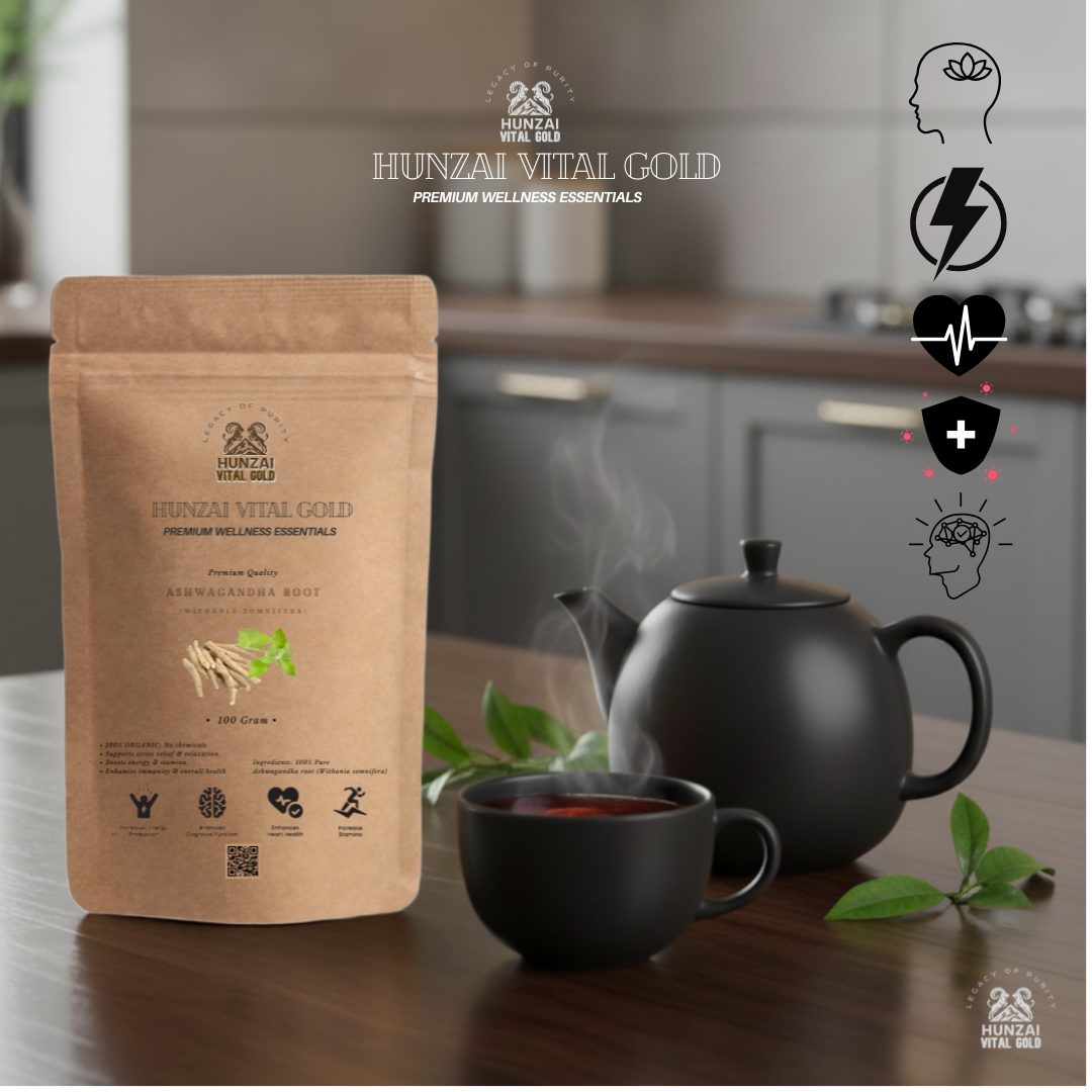 Hunzai Vital Gold – Premium Organic Ashwagandha Root (Withania Somnifera) |  Organic Tea l| Plant-Based Wellness II 100% Chemical-Free II